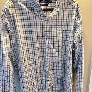 Vineyard Vines Men's White and Blue Checkered Shirt